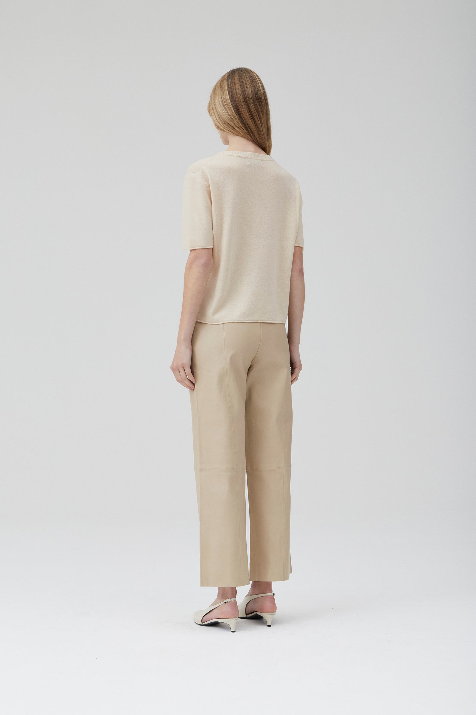Cropped Wider Leg Stretch Leather Pant - Creme Brulee