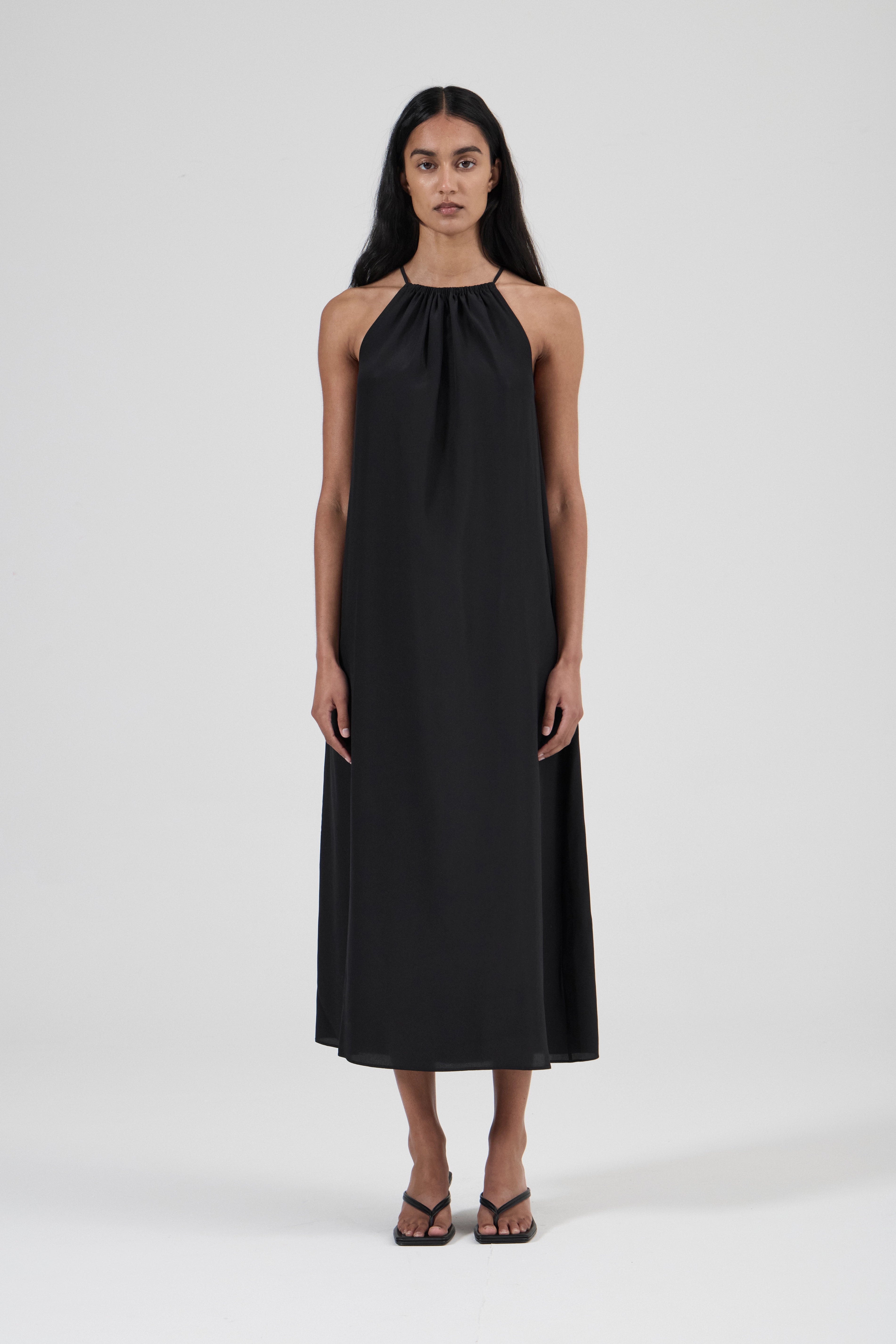 Halter Neck Silk Dress - Black