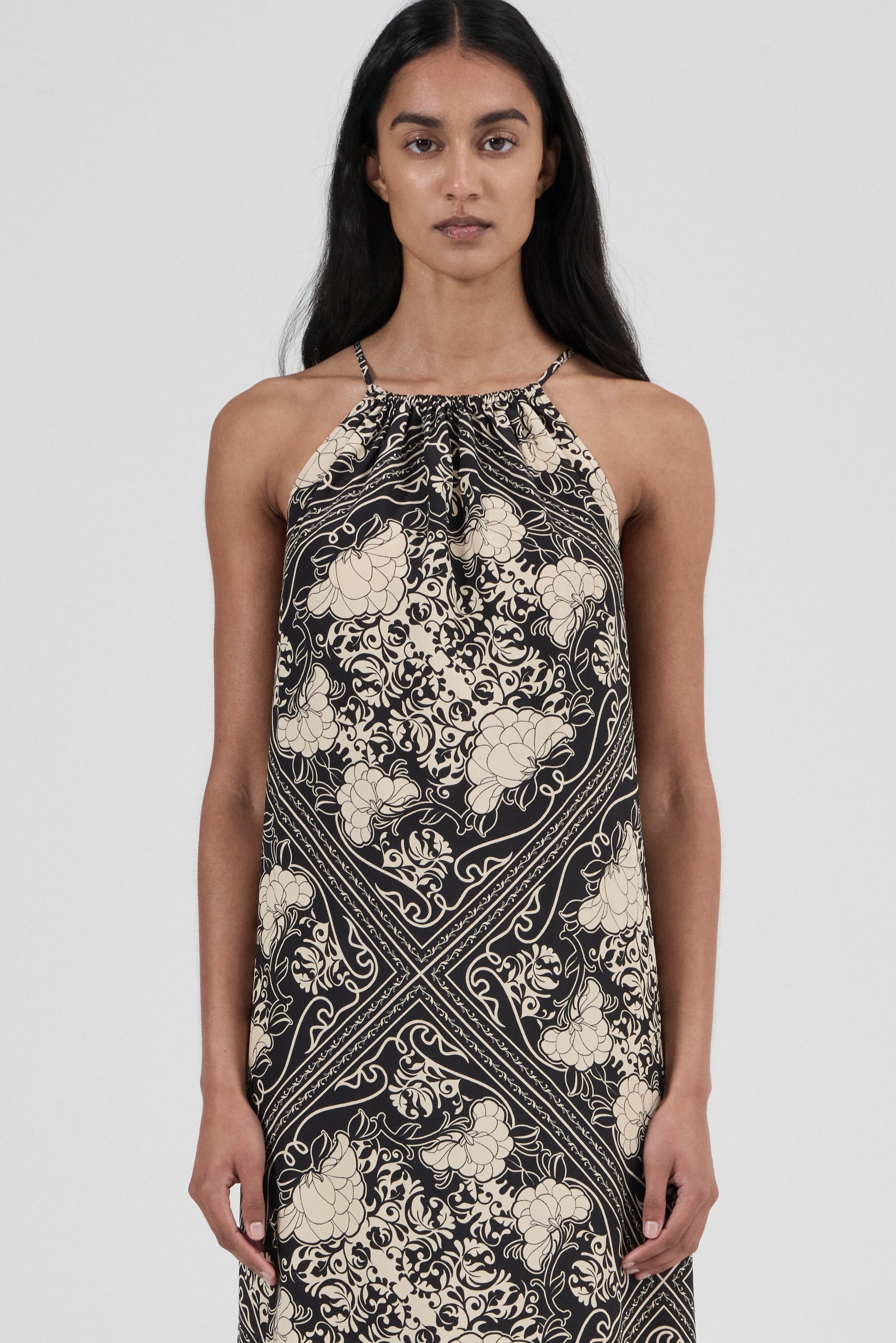 Halter Neck Silk Dress - Scarf Print