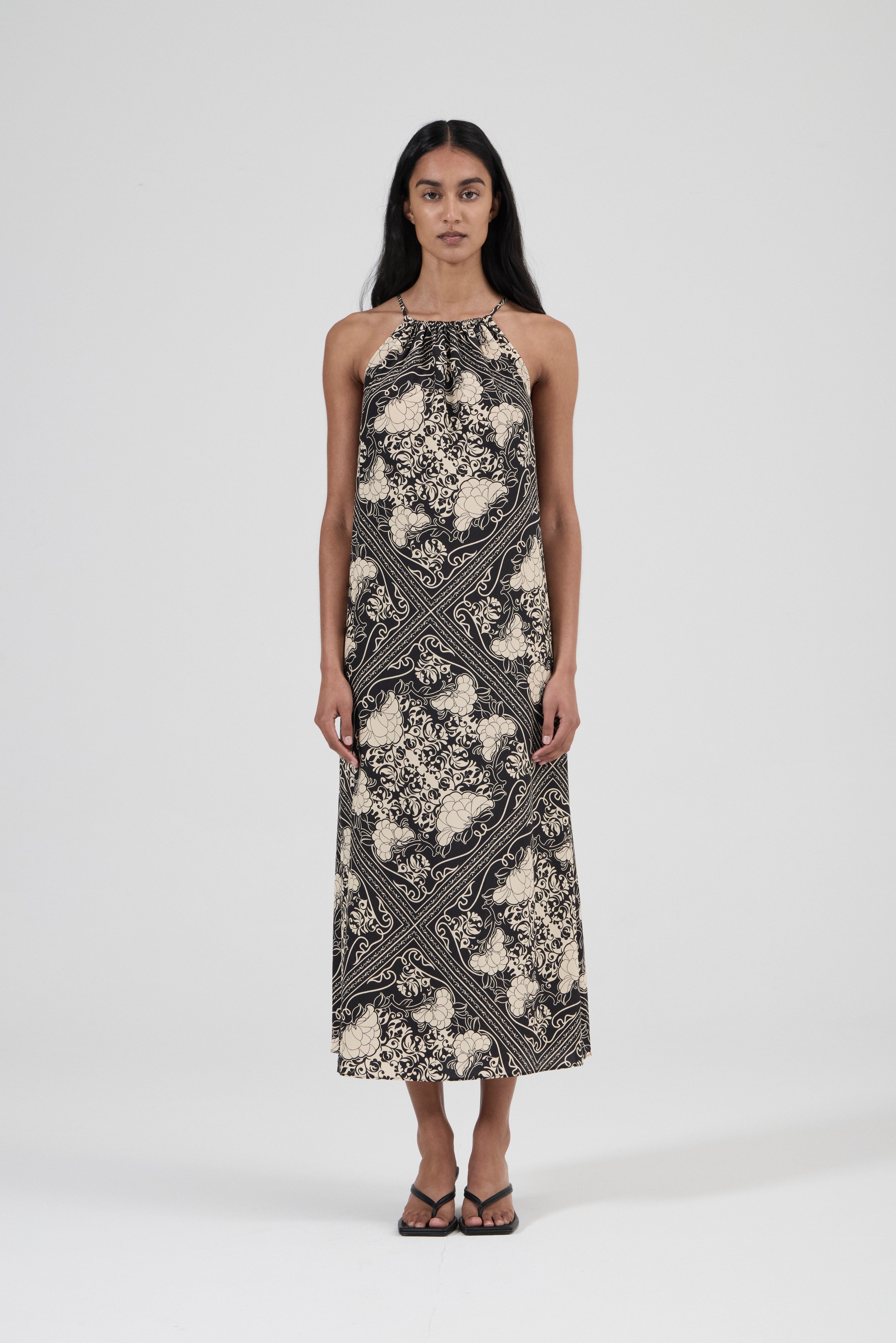 Halter Neck Silk Dress - Scarf Print