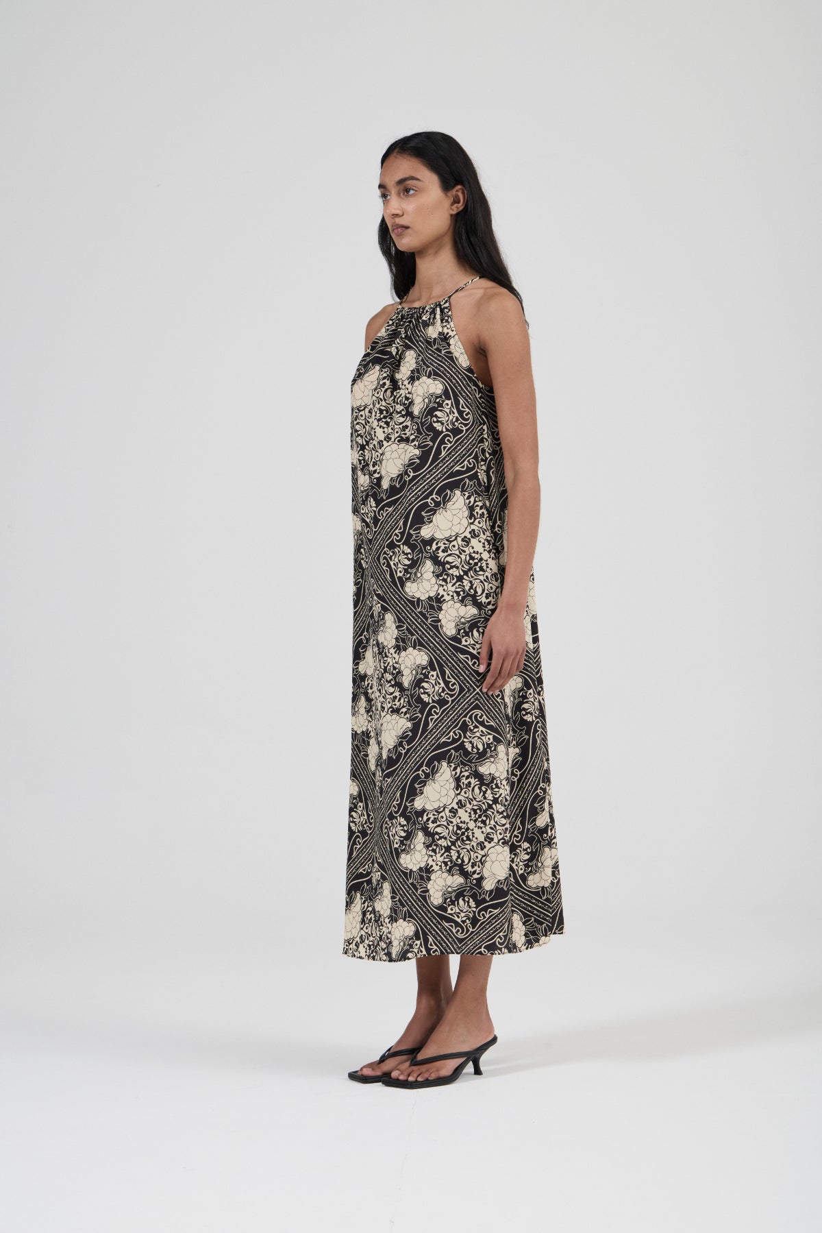 Halter Neck Silk Dress - Scarf Print