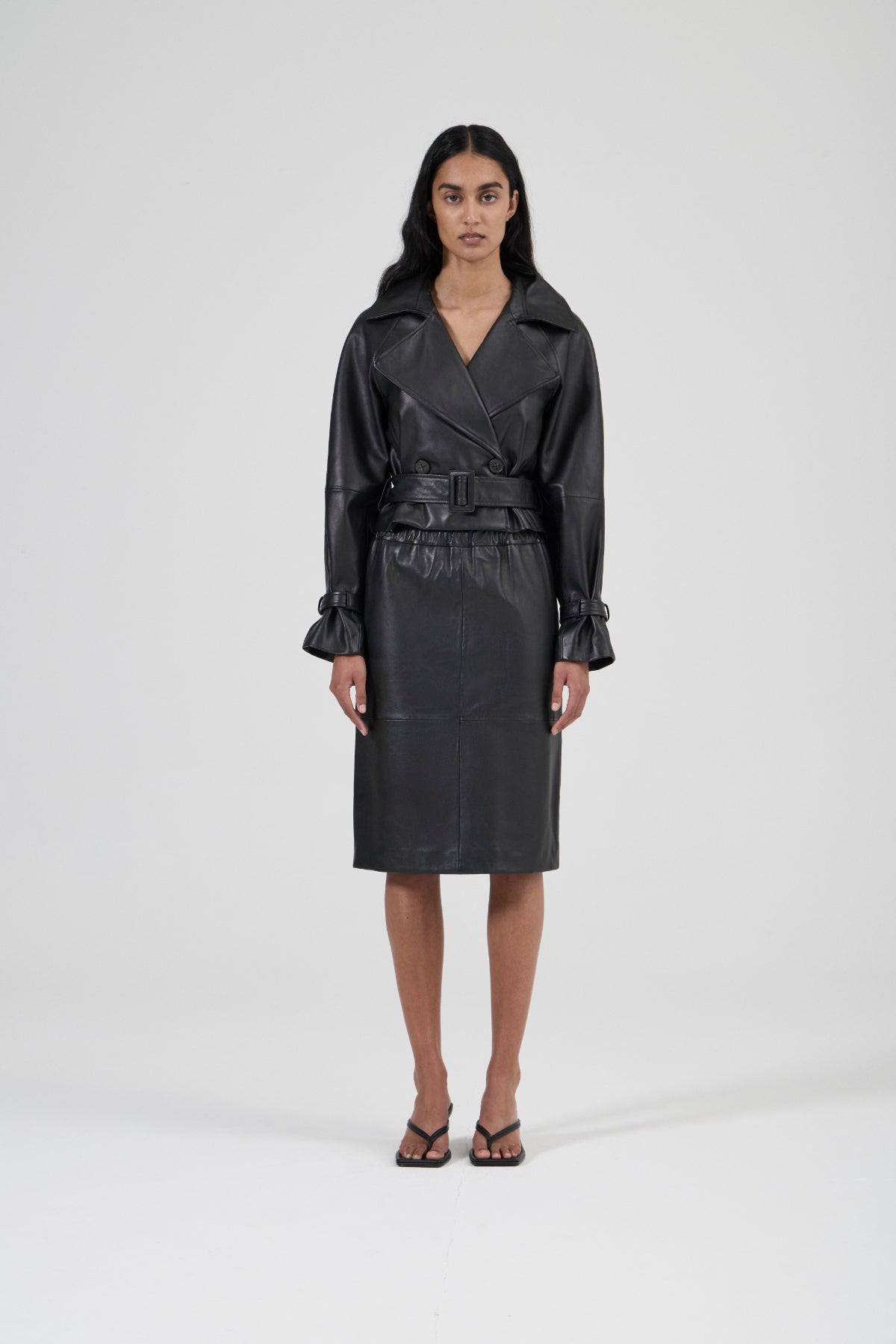 Cropped Trench Coat - Black Leather