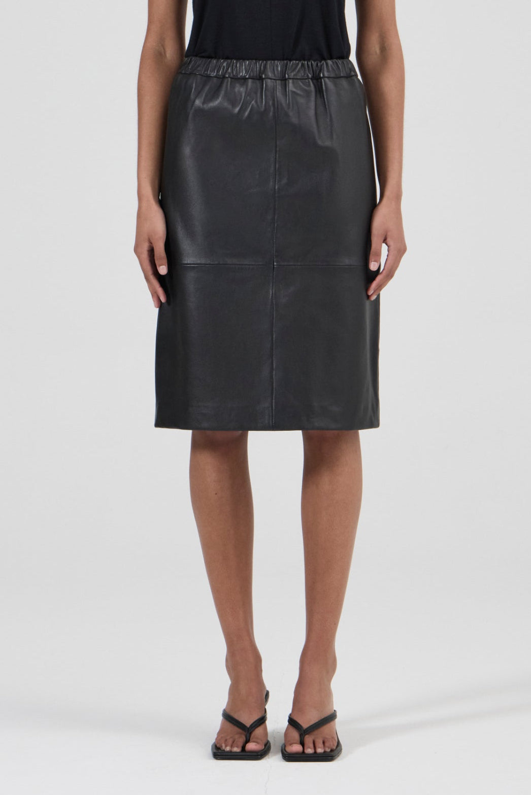 Knee Length Leather Skirt - Black