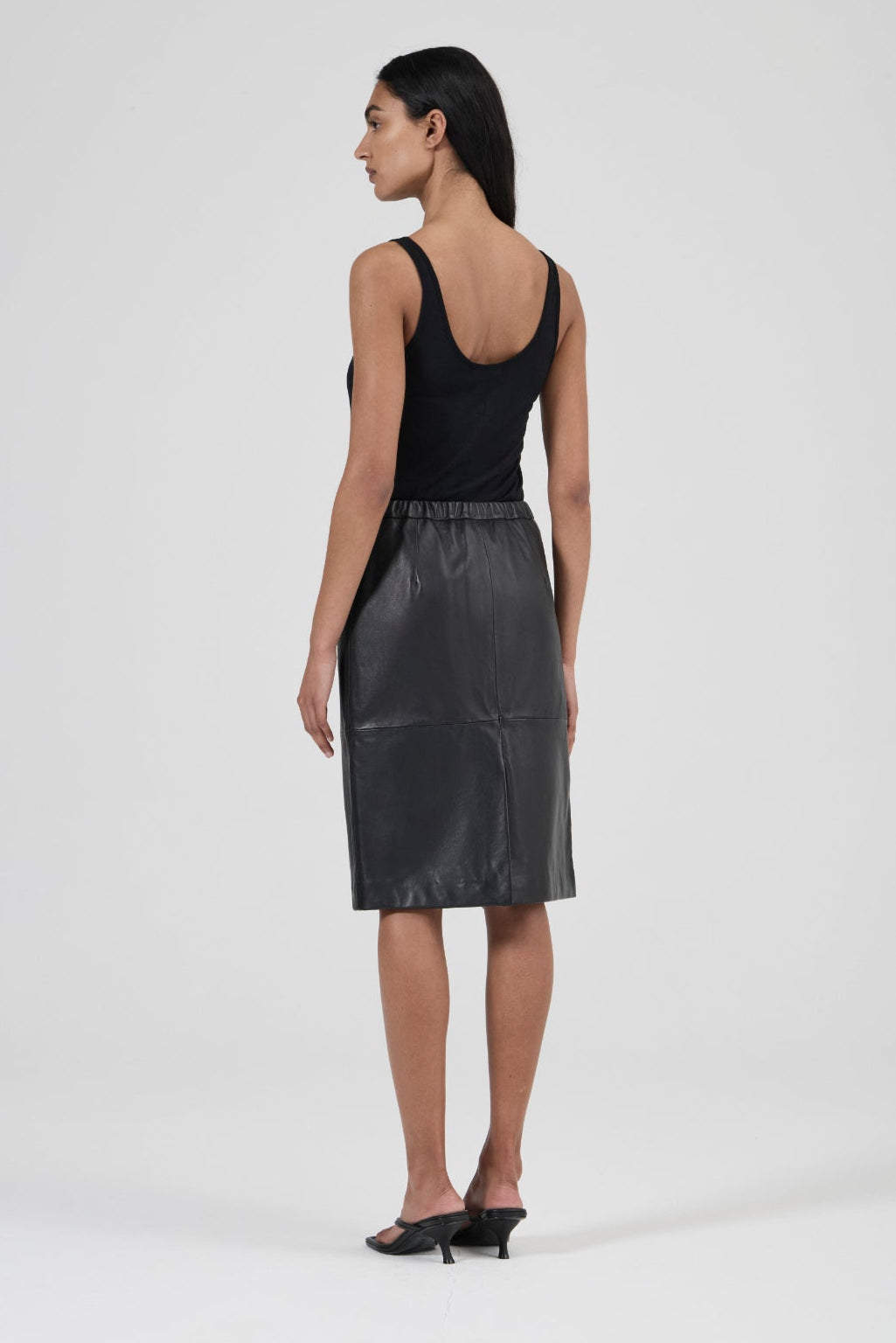 Knee Length Leather Skirt - Black