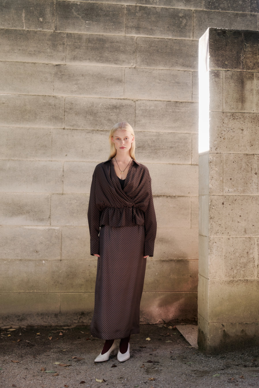 Column Skirt - Espresso Stripe Silk Twill