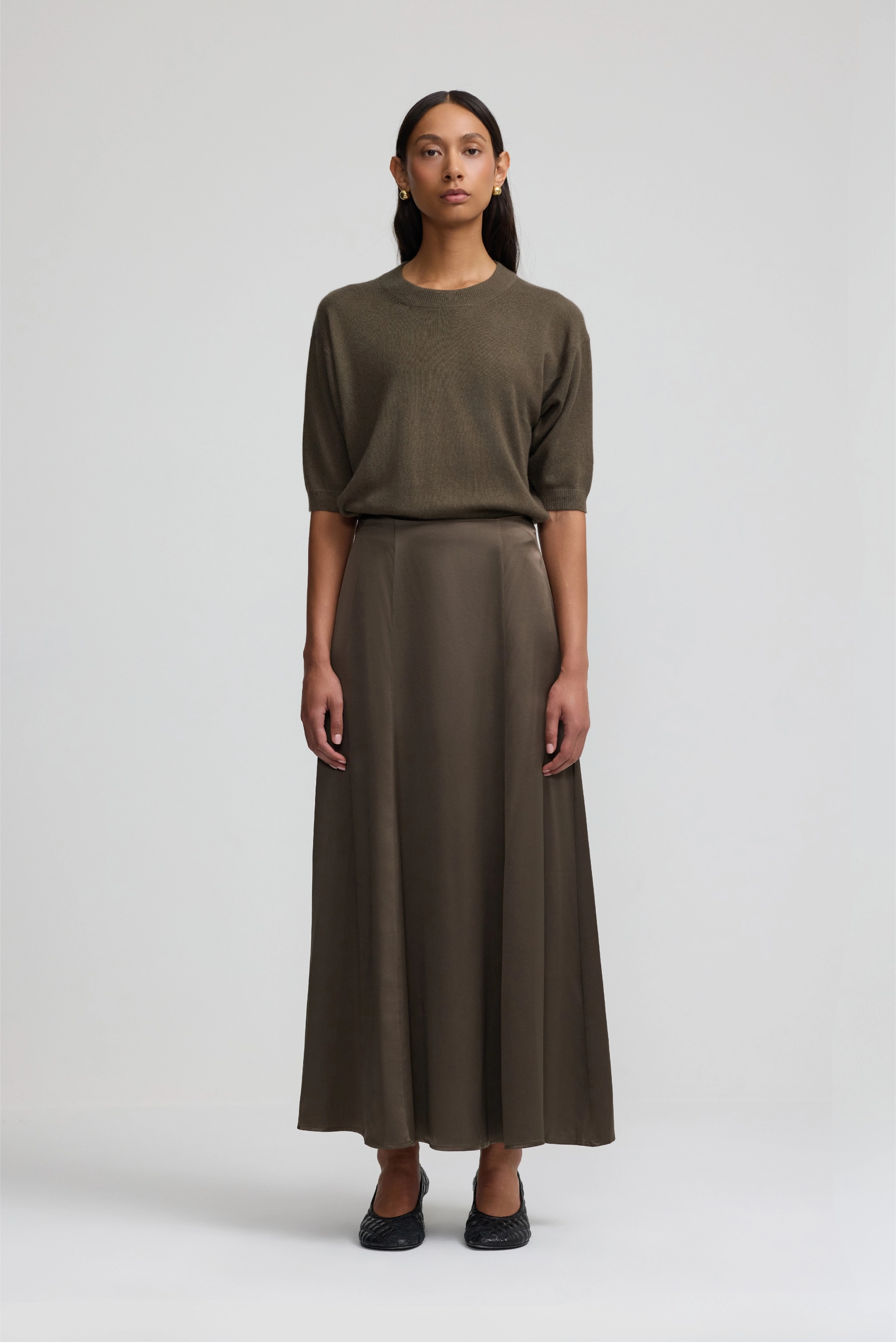 Silk Satin Full Skirt - Dark Moss
