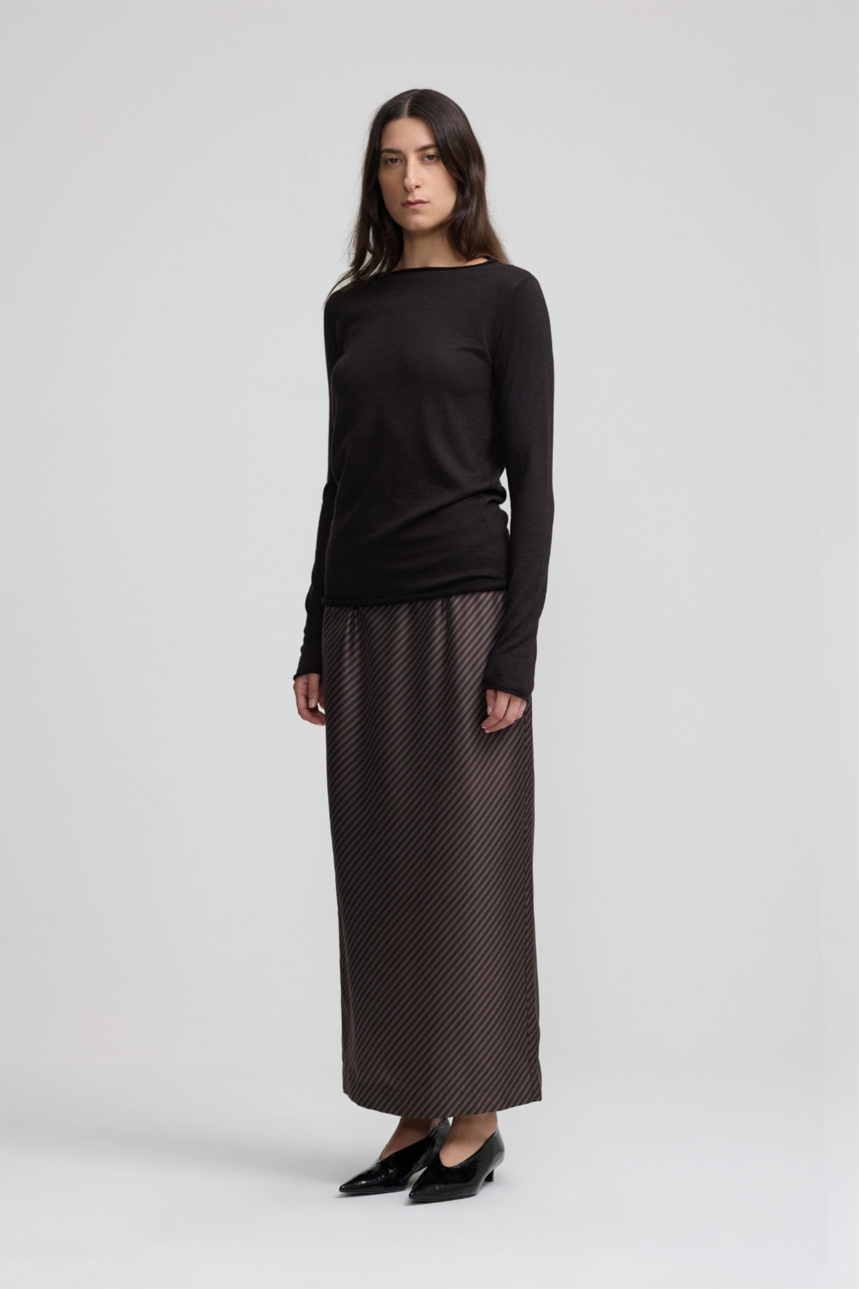Column Skirt - Espresso Stripe Silk Twill