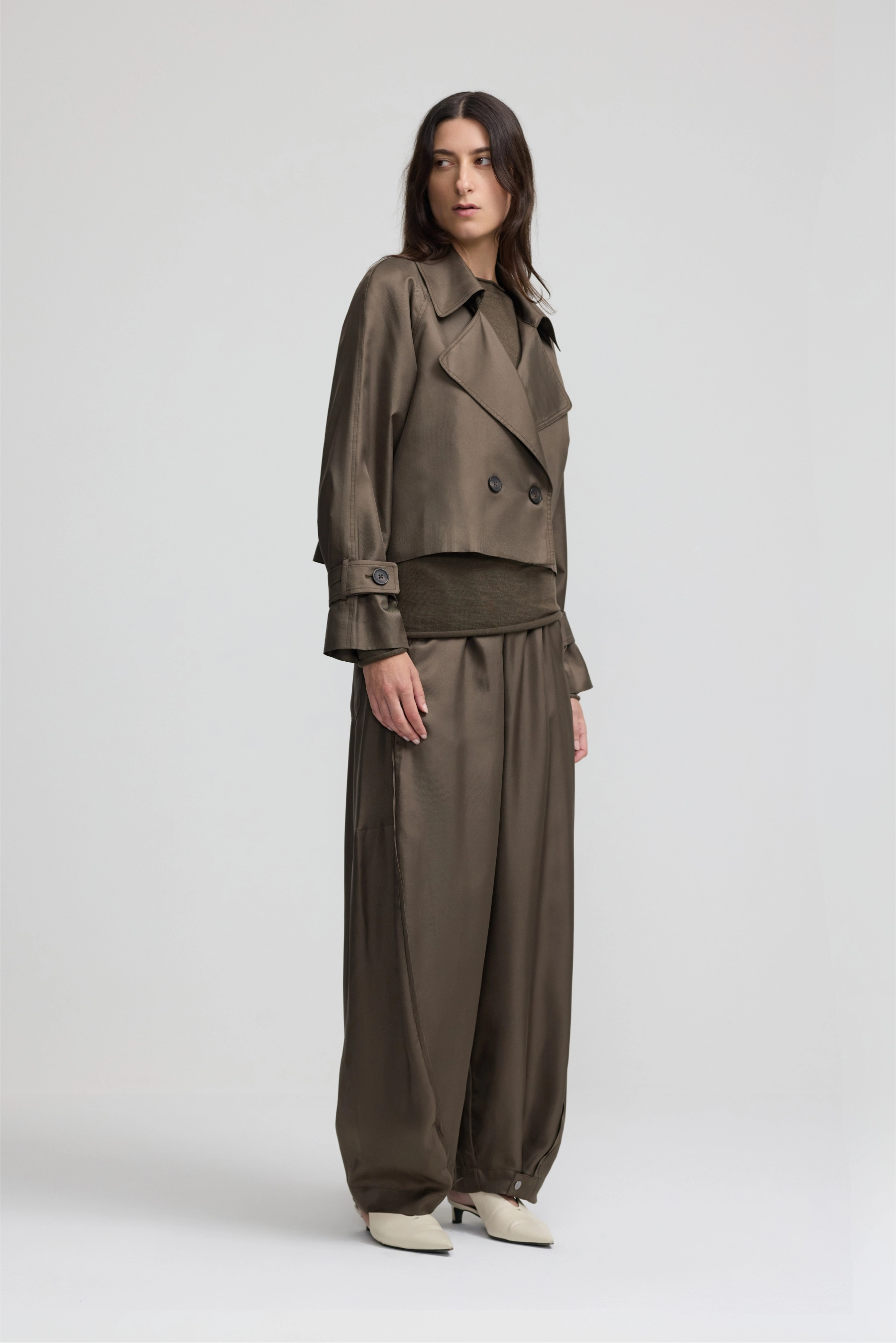 Cropped Trench Coat - Dark Moss Silk Twill
