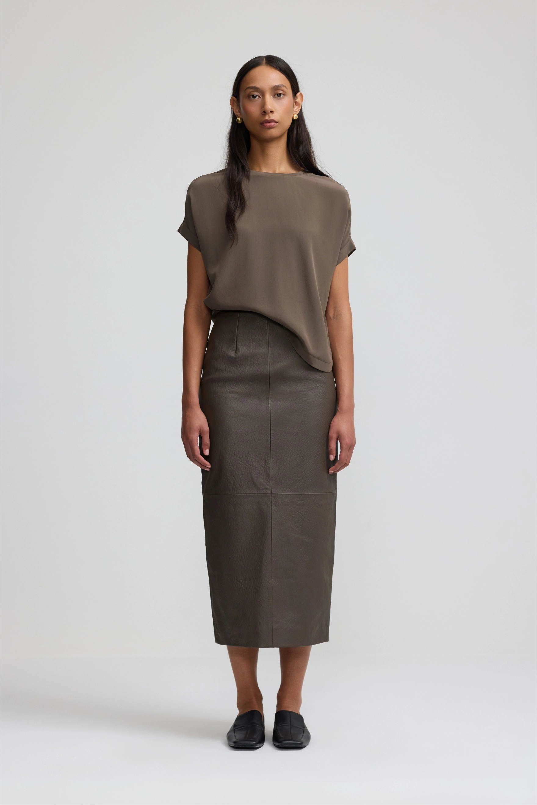 Leather Column Skirt - Dark Moss