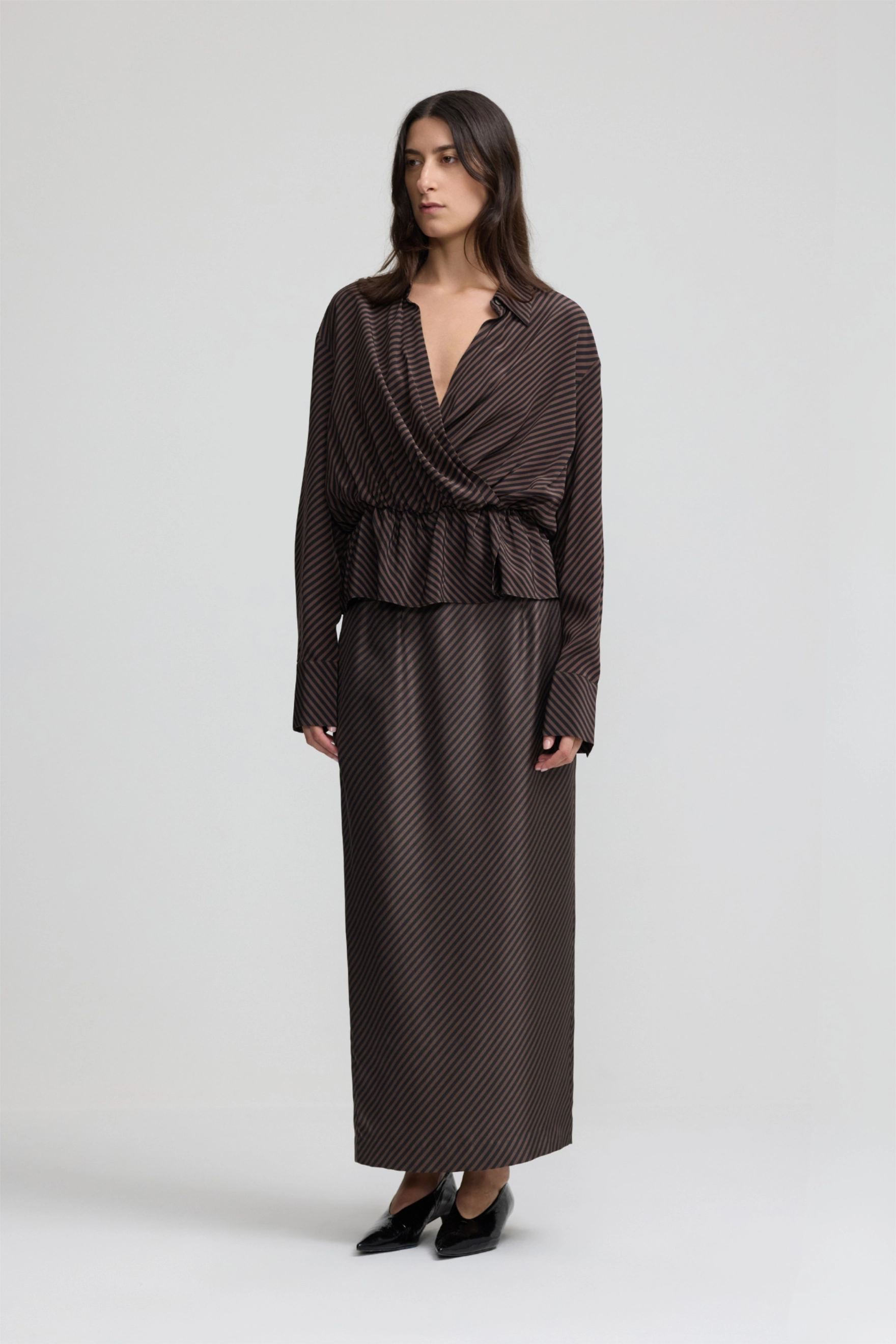 Column Skirt - Espresso Stripe Silk Twill