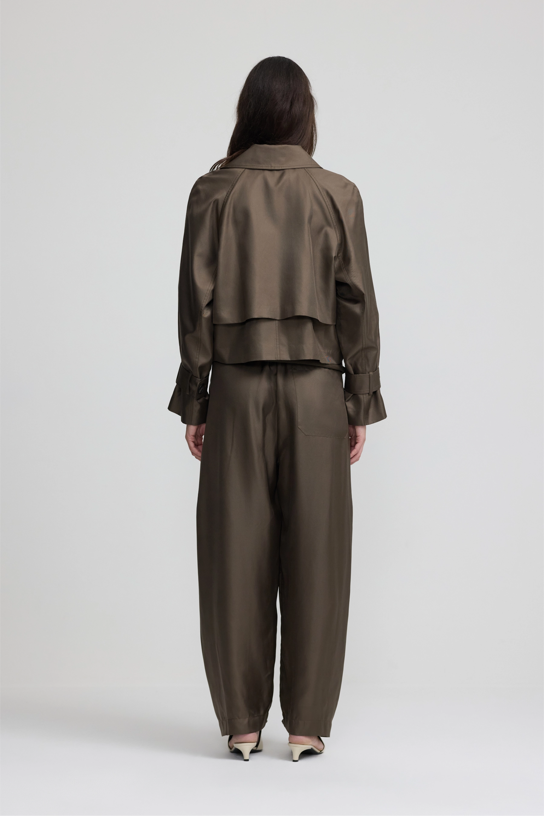 Cropped Trench Coat - Dark Moss Silk Twill