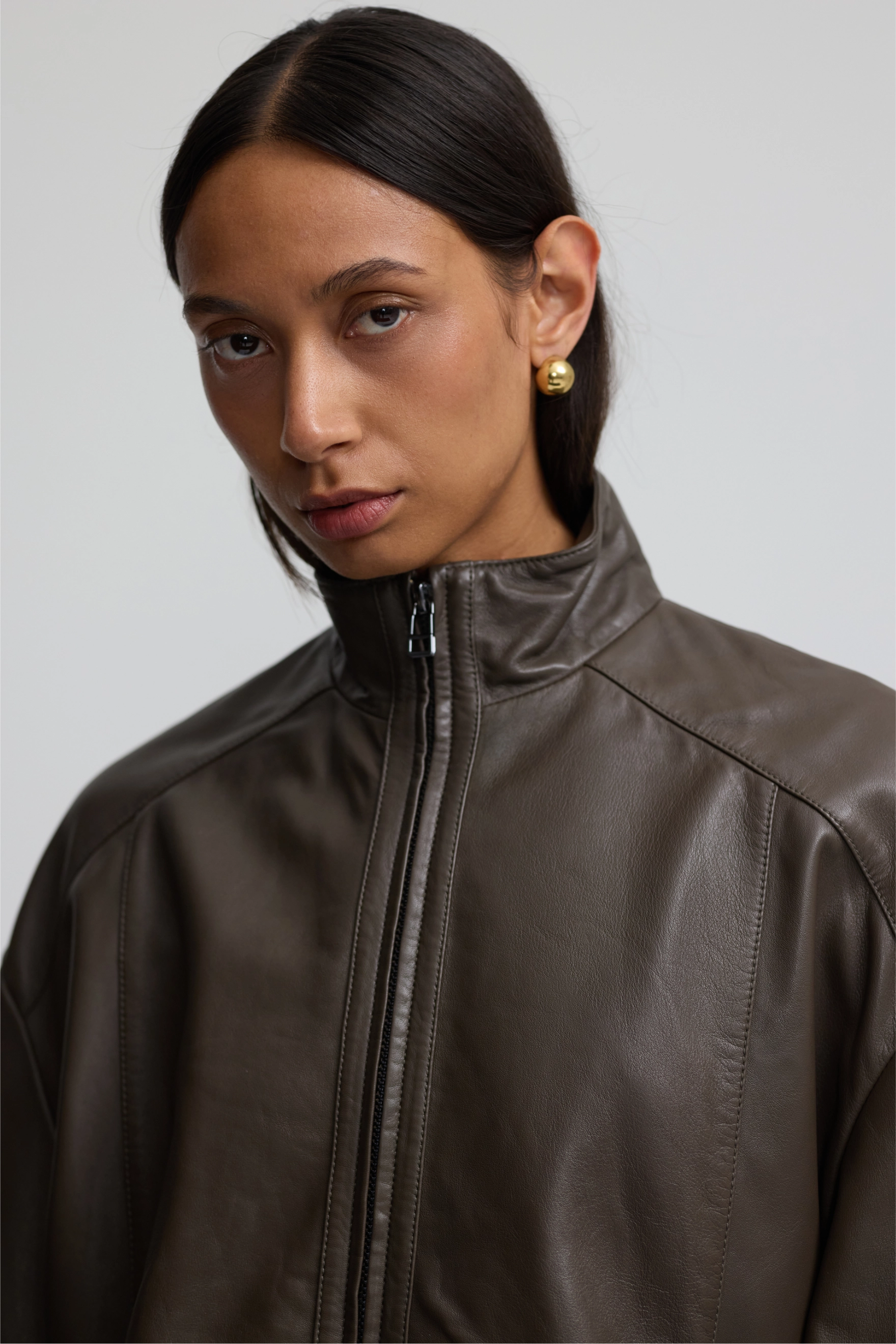 Leather Bomber - Dark Moss