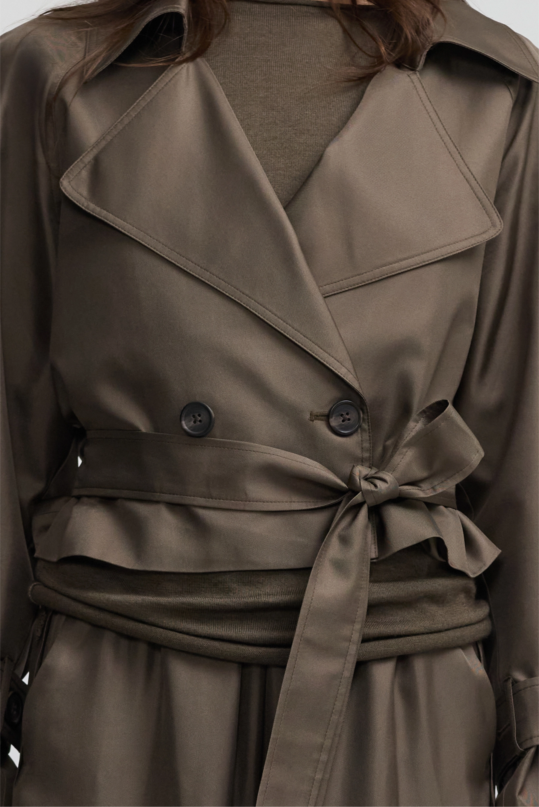 Cropped Trench Coat - Dark Moss Silk Twill