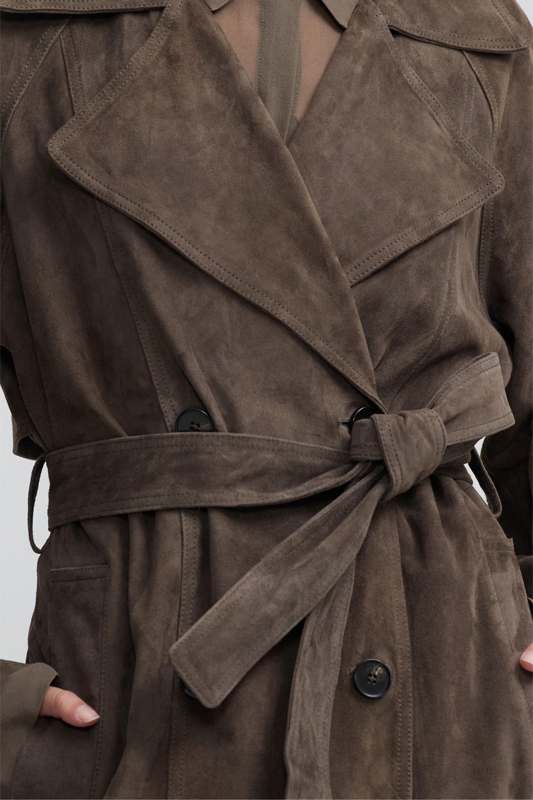 Leather Trench Coat - Dark Moss Suede