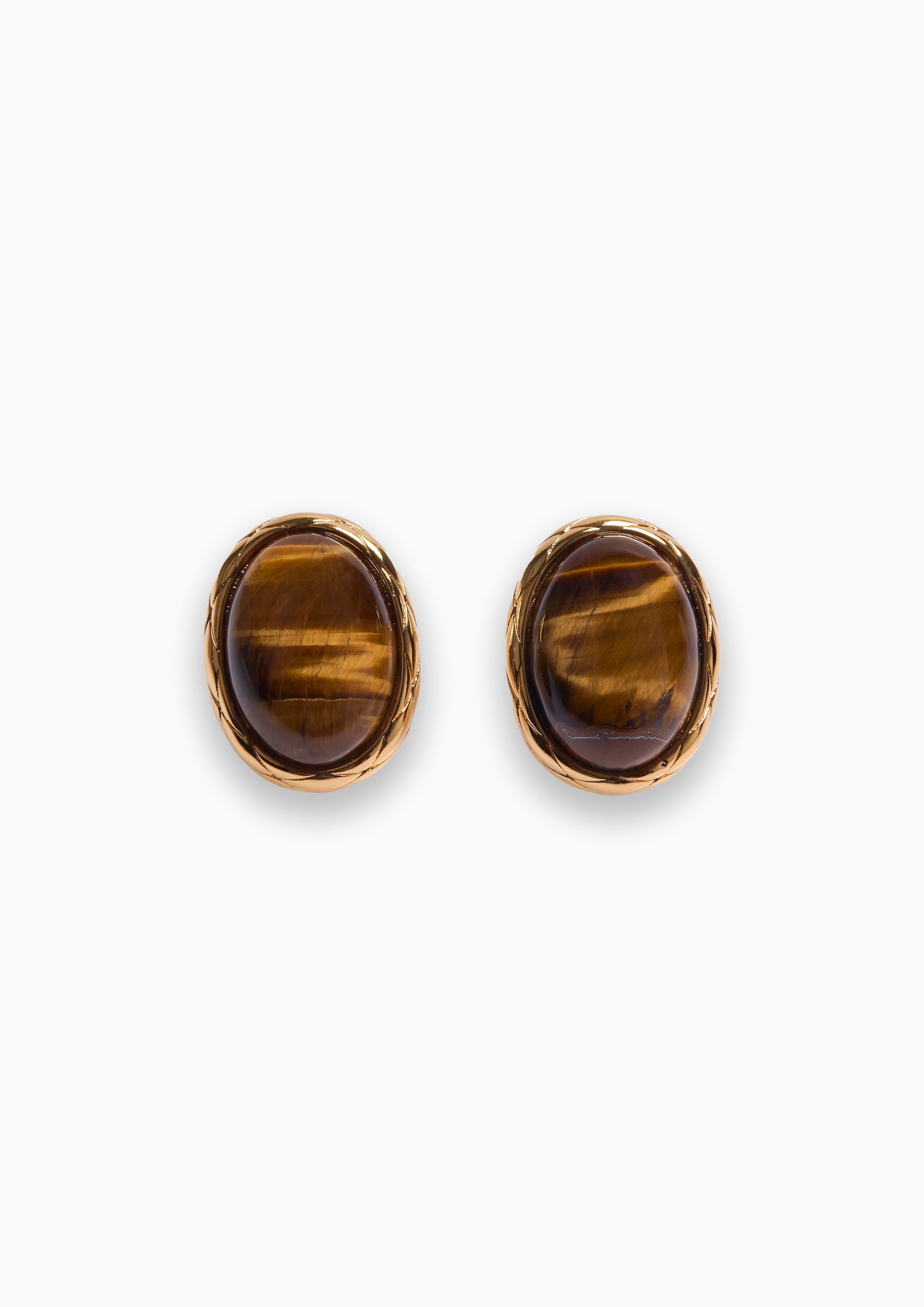1975 Oval Stone Stud Earrings - Tiger's Eye