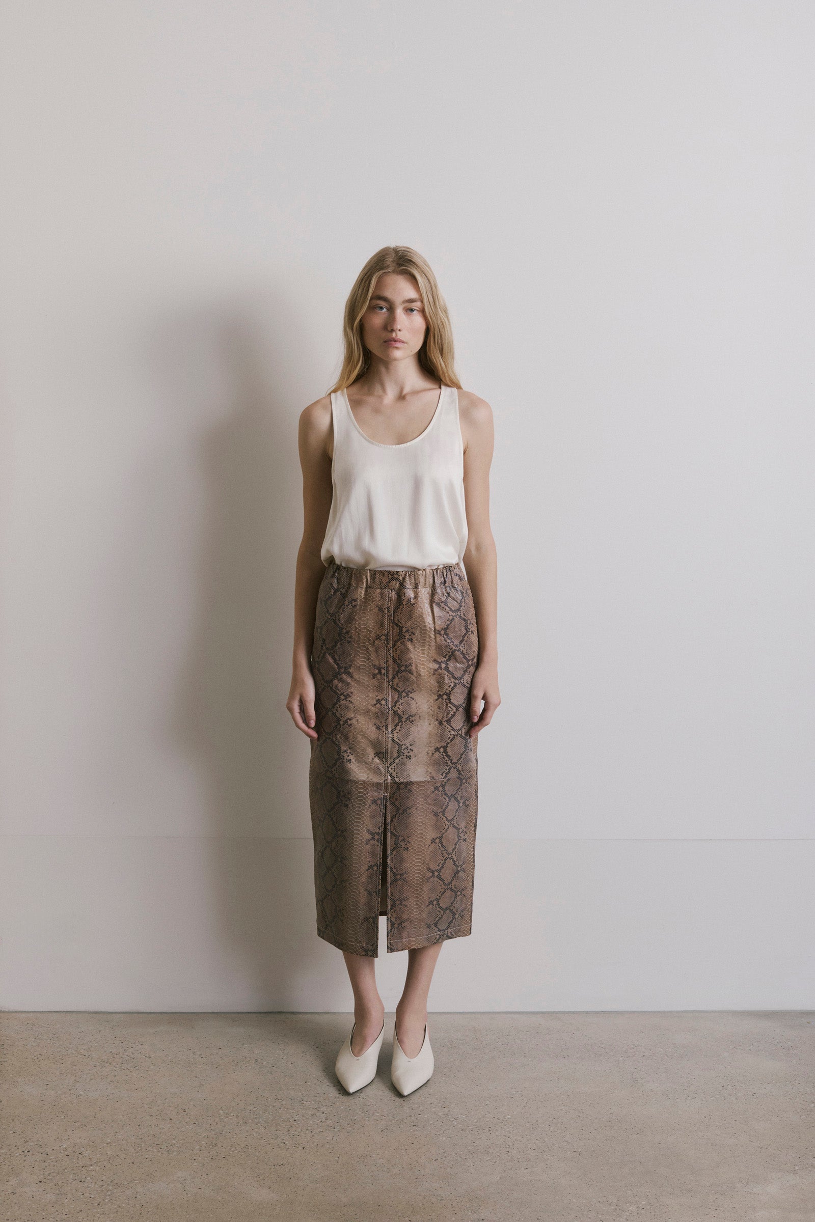 Leather Pencil Skirt - Beige Python