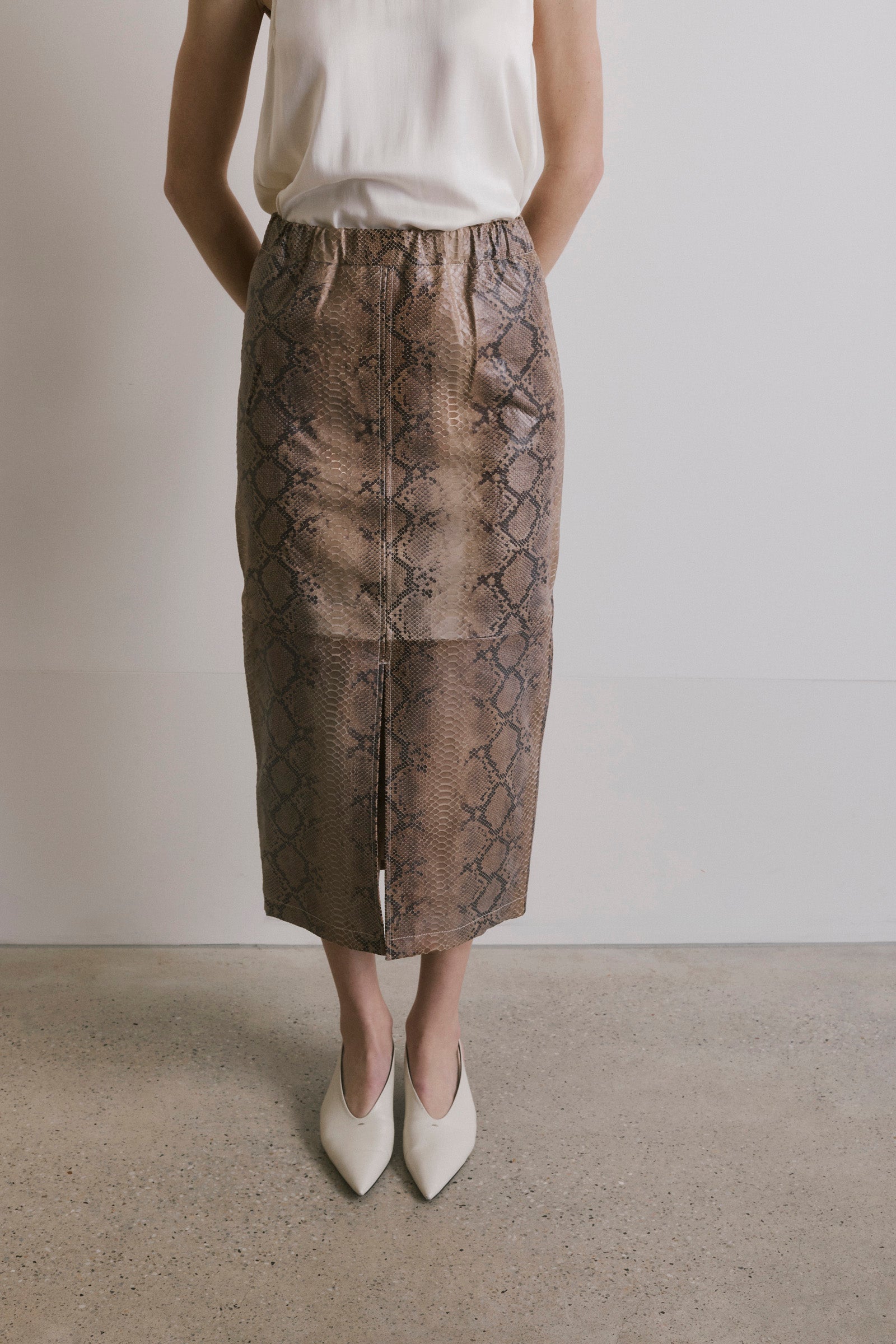 Leather Pencil Skirt - Beige Python