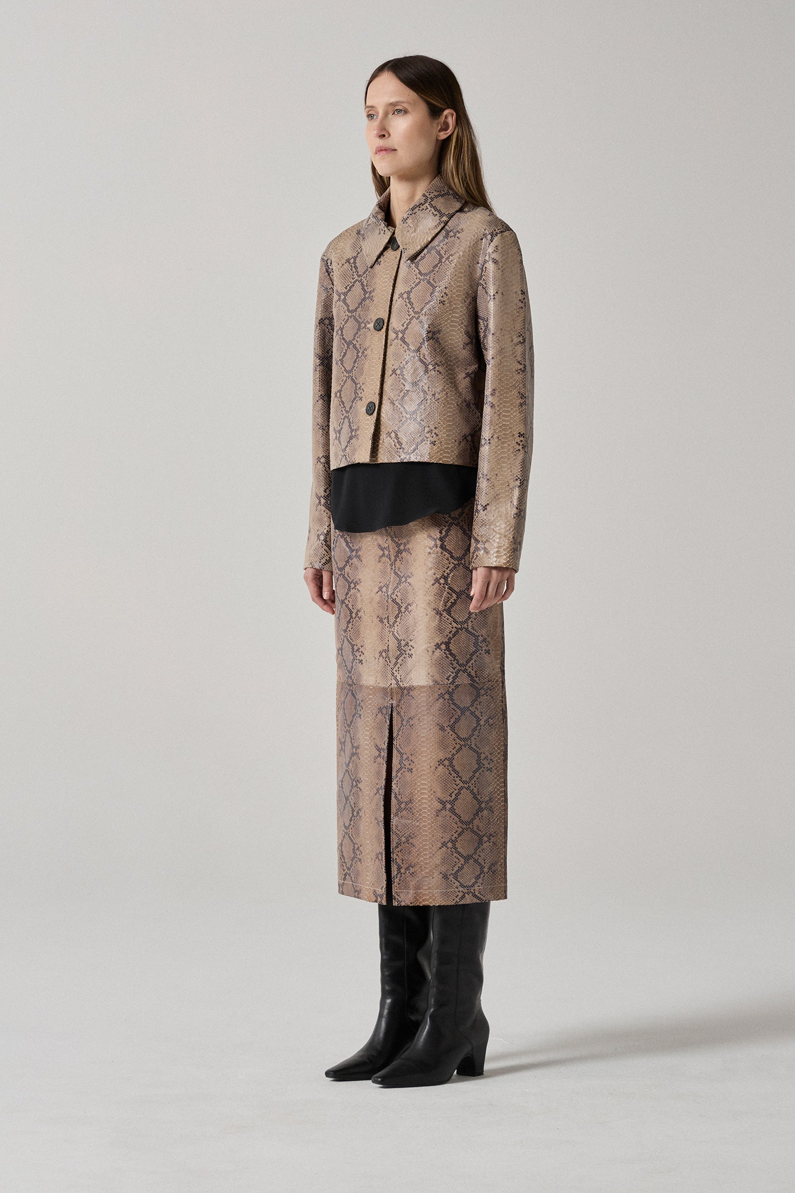Leather Pencil Skirt - Beige Python