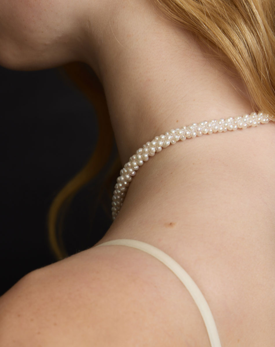 Meadowlark Pearl Rope Necklace - Silver (on model neck close)