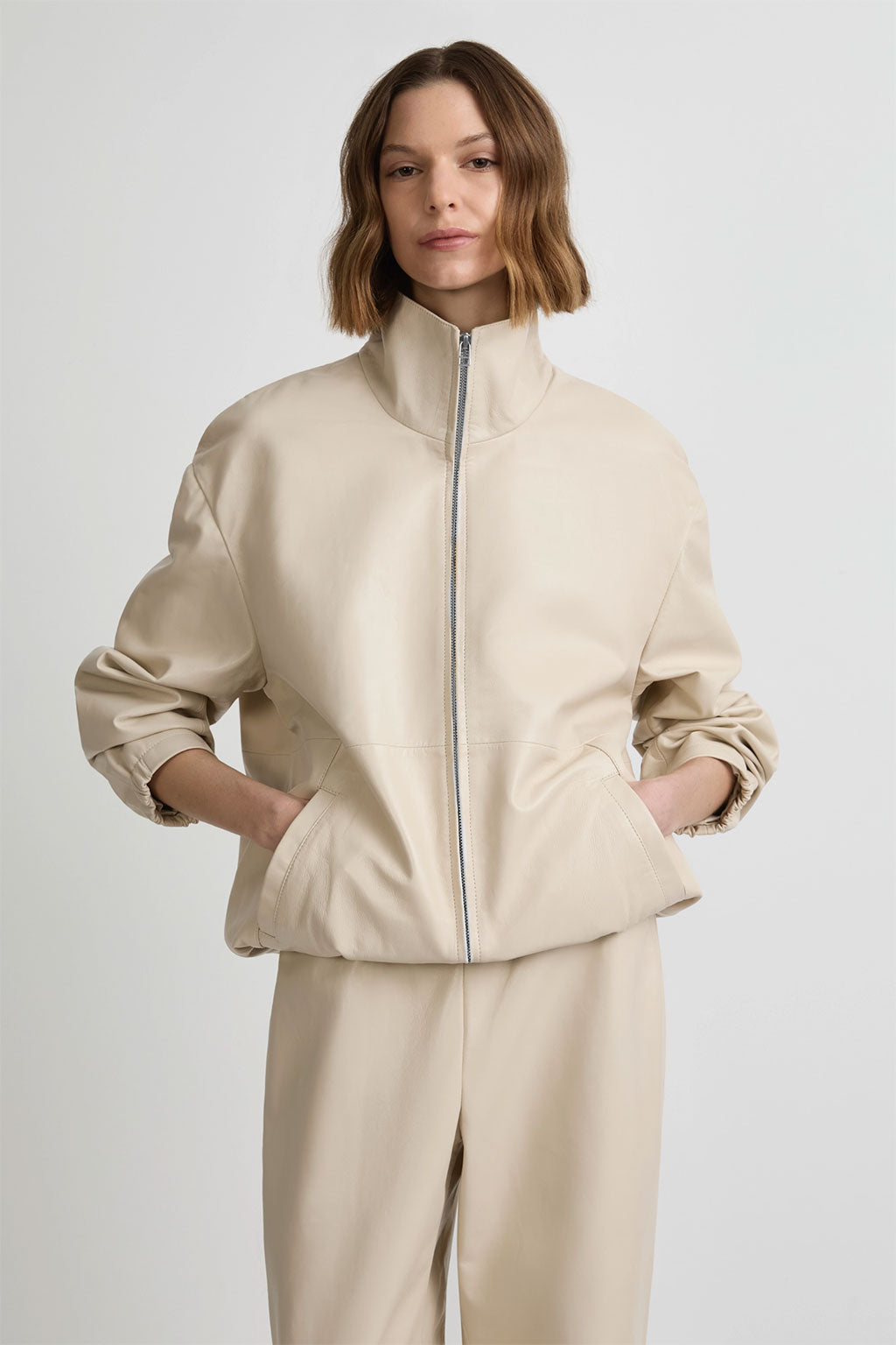 Leather Longline Bomber - Chalk
