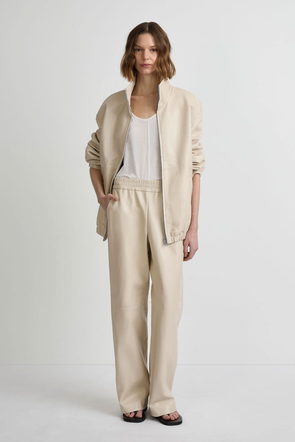 Leather Longline Bomber - Chalk