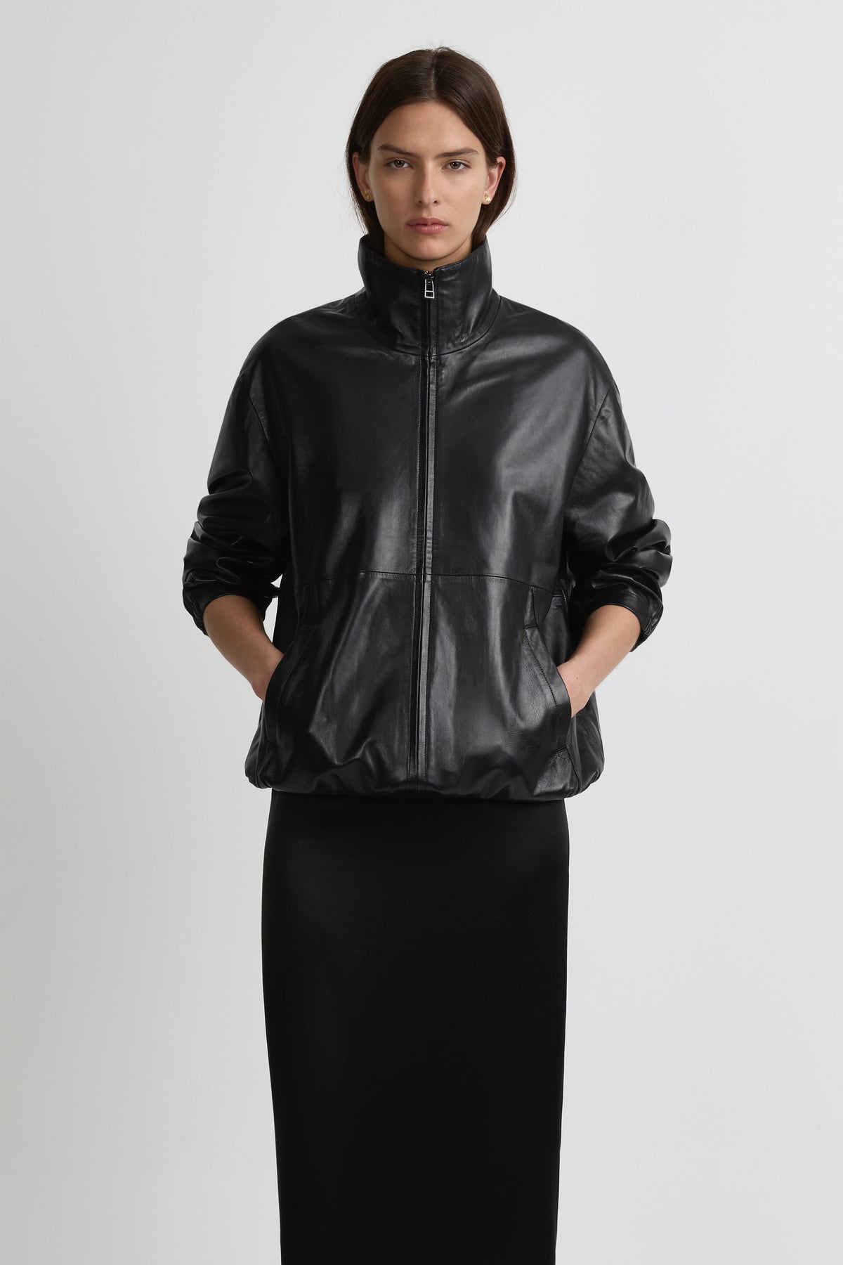 Leather Longline Bomber - Black