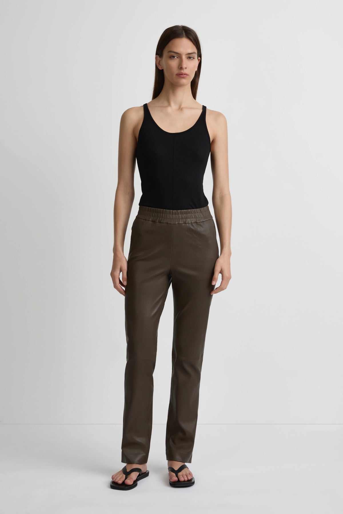 Stretch Leather Straight Leg Pant - Dark Moss