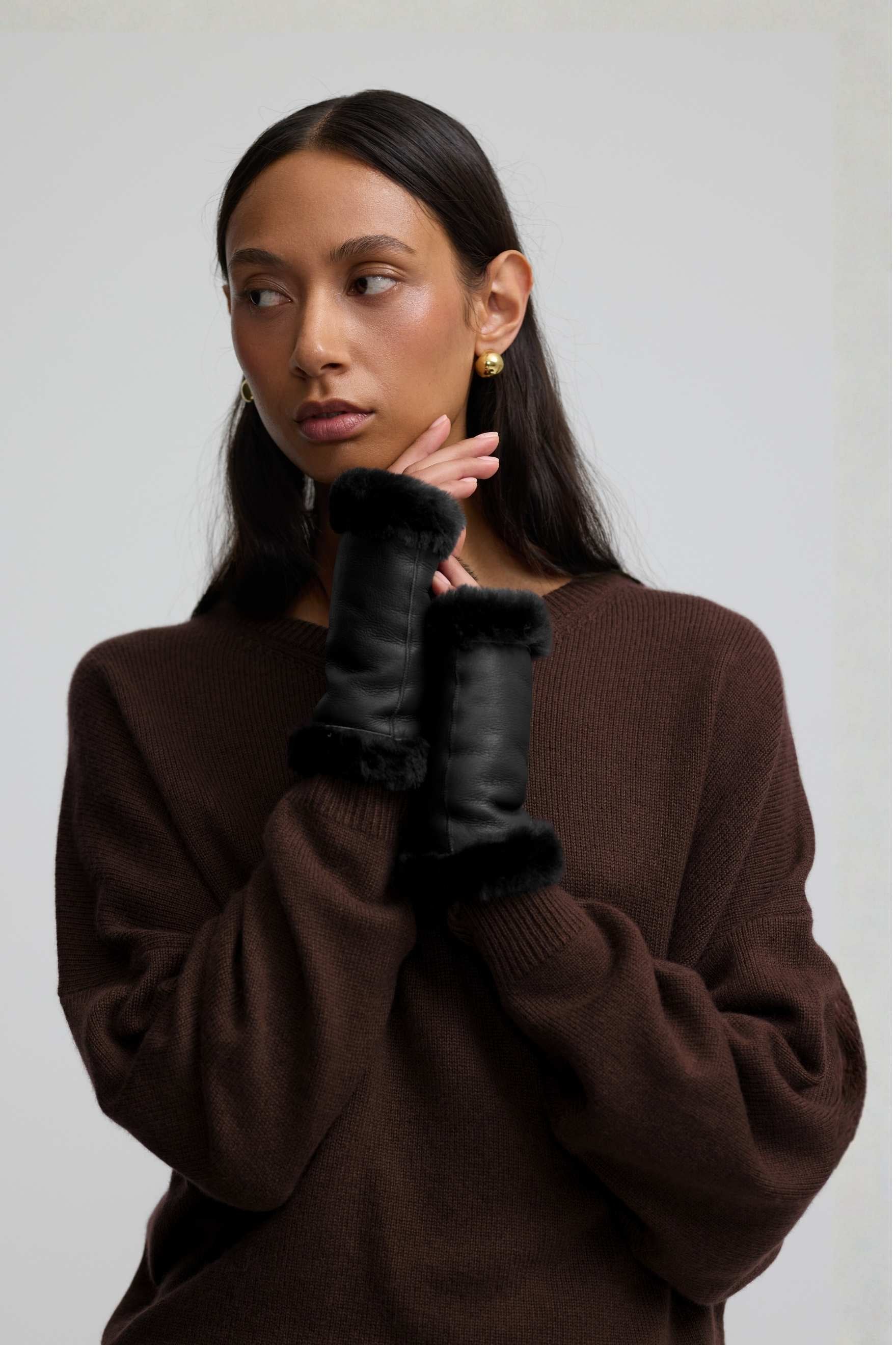 Shearling Fingerless Gloves - Black