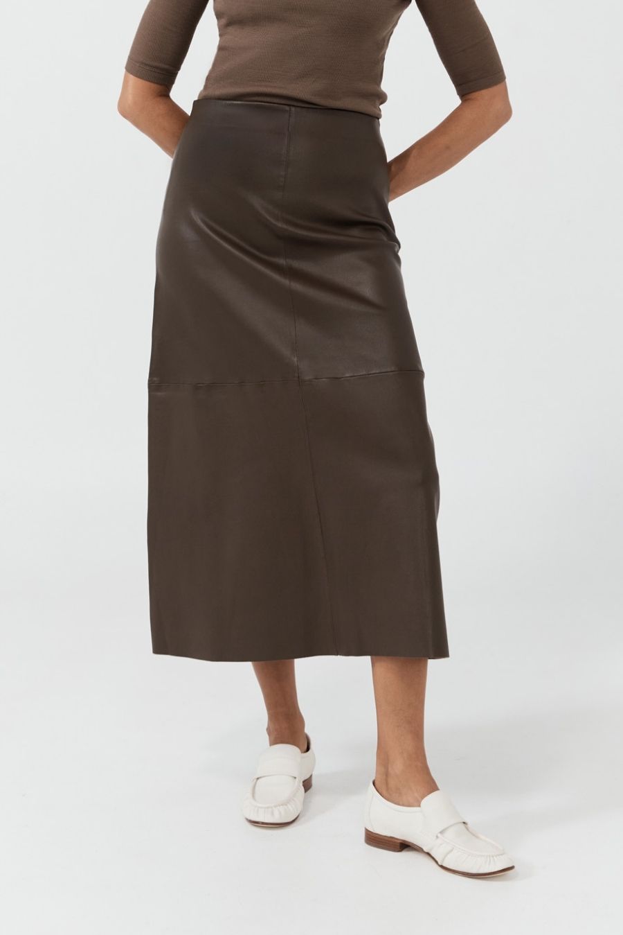 A-Line Stretch Leather Skirt - Teak