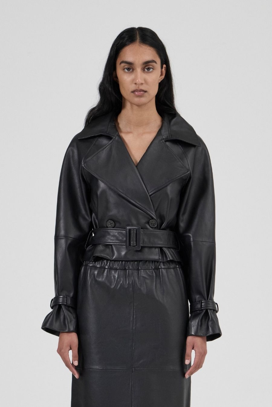 Cropped Trench Coat - Black Leather