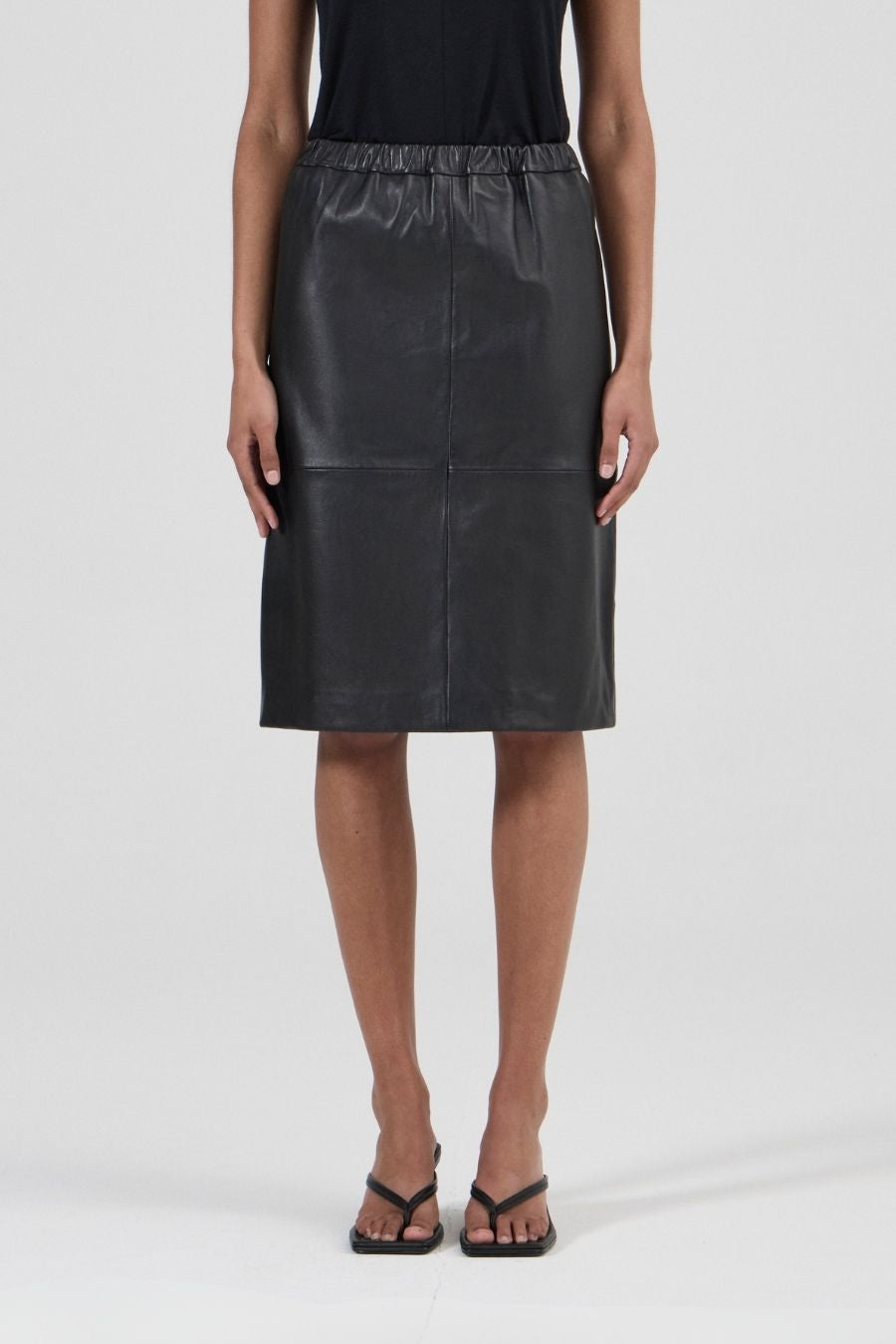 Knee Length Leather Skirt - Black