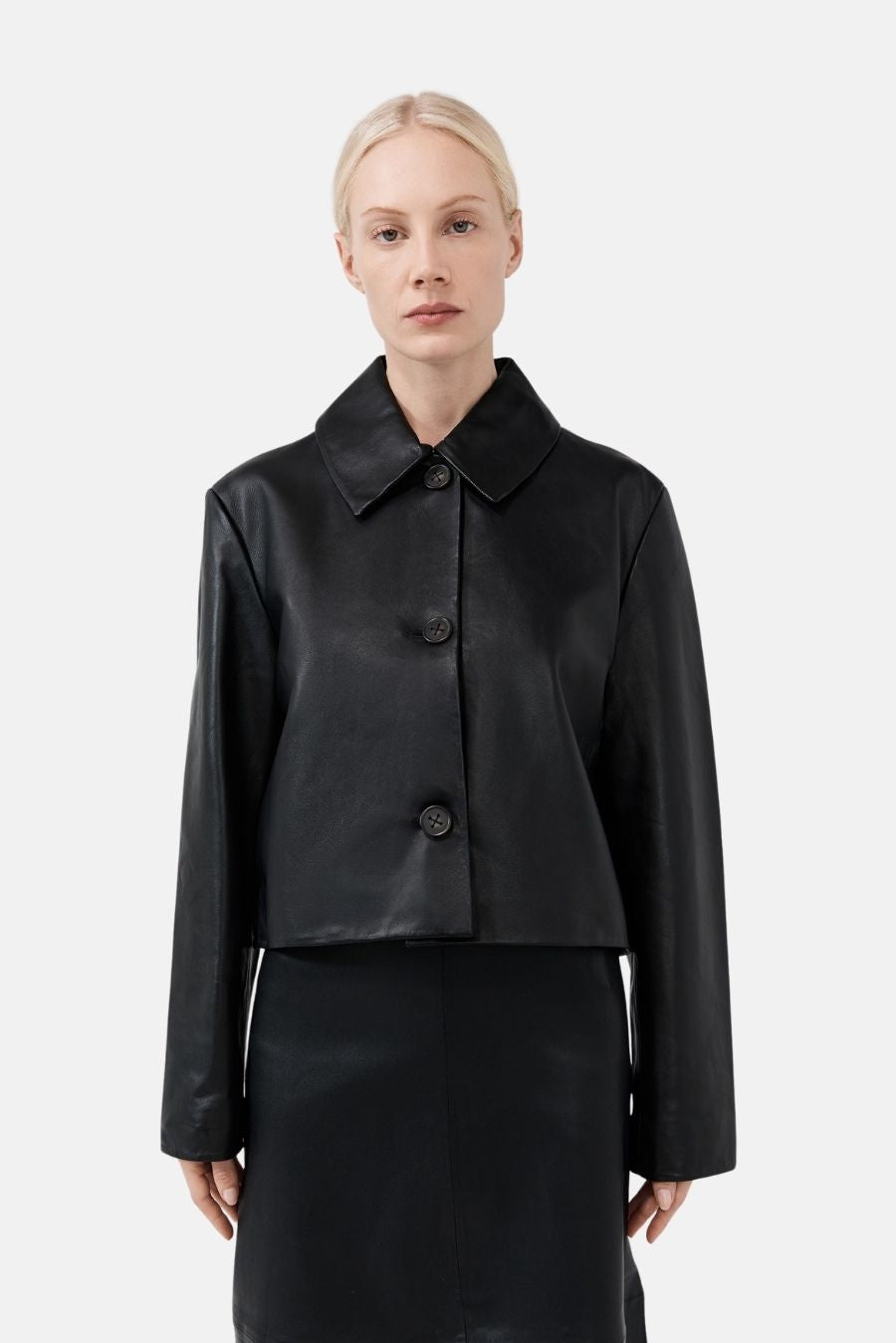 Leather Cropped Coat - Black