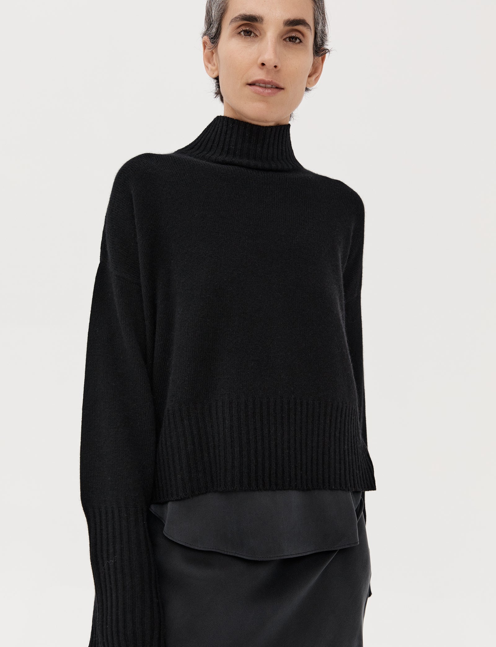 Cropped Cashmere Drop Shoulder Funnel - Black - Banded Together