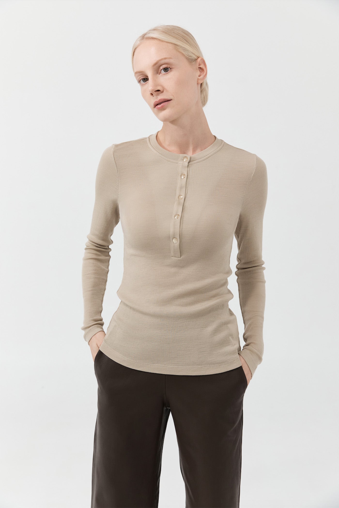 Merino Ribbed Button Down - New Beige