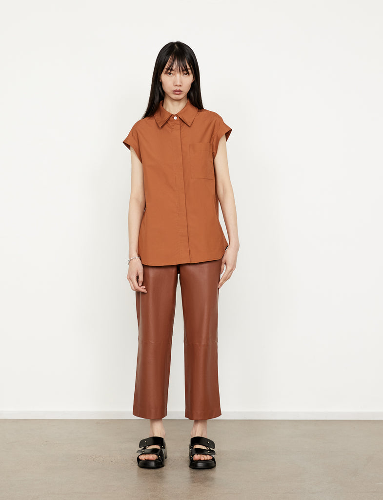 Cropped Wider Leg Stretch Leather Pant - Cognac